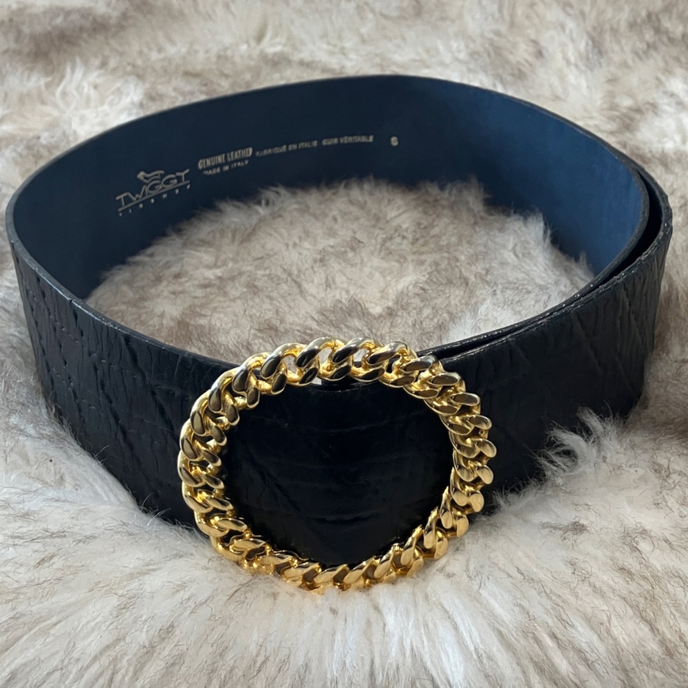 Vintage Italian Croc Leather Belt Gold Chain Buckle S